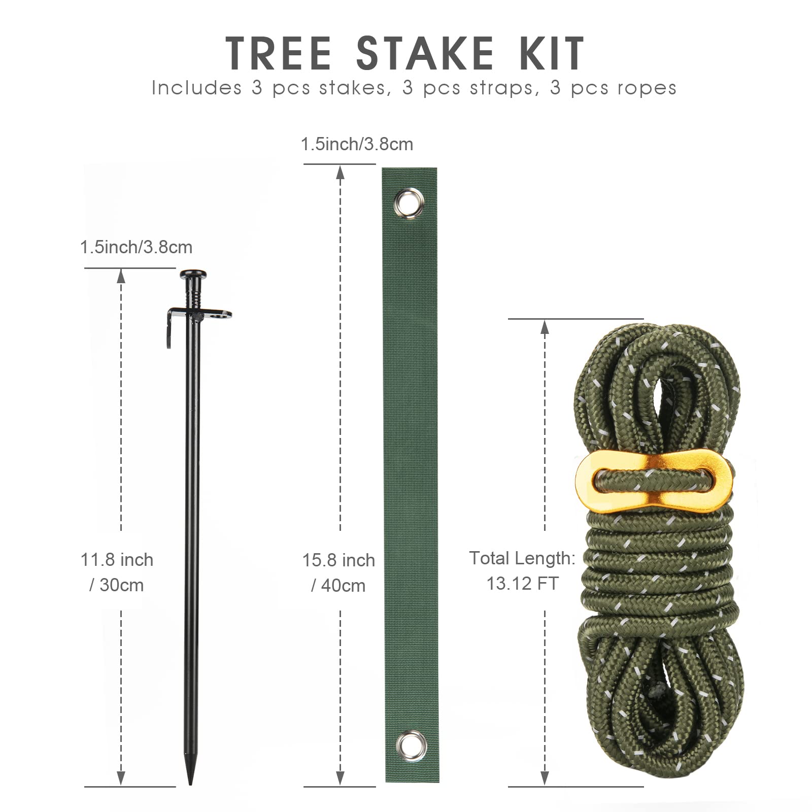 Heavy Duty Tree Stake Kits, 11.8 Inch Steel Tree Stakes and Supports for Young Tree Anti Strong Wind, Leaning Tree Anchor Straightening Kit with 3 PCS Steel Stakes, 13.12 Feet Rope and Tree Straps