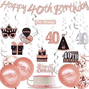 wojogo 40th birthday decorations women, rose gold & black 40 birthday decorations for women men, including happy 40th birthday banner hanging swirls cake topper balloons for party supplies
