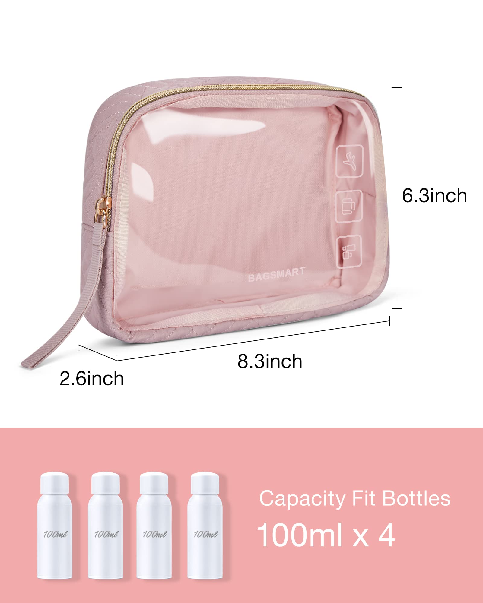 BAGSMART TSA Approved Toiletry Bag, 2 Pack Clear Makeup Cosmetic Bag Organizer, Quart Size Travel Bag for Toiletries, Carry-on Travel Accessories Essentials - Pink