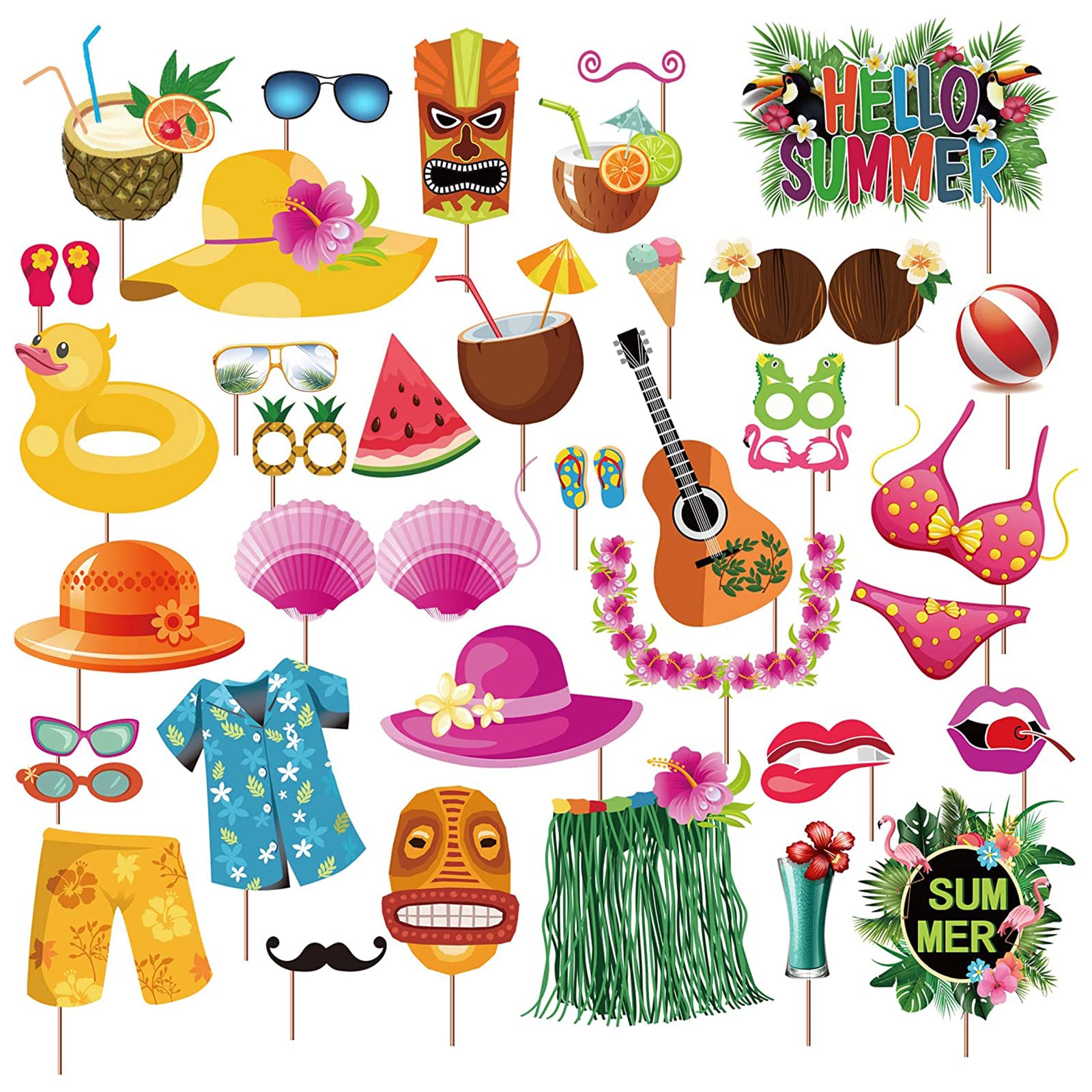 38pcs Luau Photo Booth Props Luau Party Favors for Luau Party Decorations Tropical Party Decorations Tiki Party Decorations Birthday Hawaiian Summer Beach Pool Party Decorations Supplies