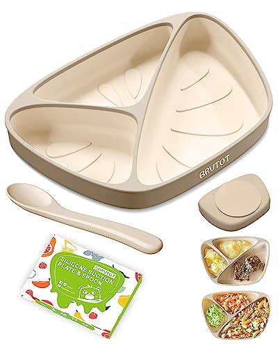 BRVTOT Newest Suction Plates for Baby & Toddler, 100% Food Grade Silicone Baby Plates with Spoon Set BPA Free, Feeding Divided Toddler Plate with Utensils for Led Weaning, Microwave & Dishwasher Safe