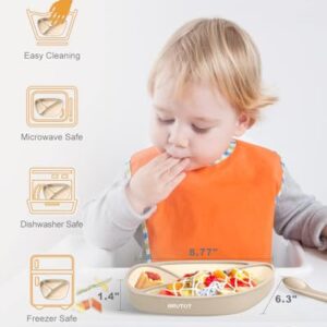 BRVTOT Newest Suction Plates for Baby & Toddler, 100% Food Grade Silicone Baby Plates with Spoon Set BPA Free, Feeding Divided Toddler Plate with Utensils for Led Weaning, Microwave & Dishwasher Safe