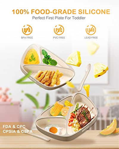 BRVTOT Newest Suction Plates for Baby & Toddler, 100% Food Grade Silicone Baby Plates with Spoon Set BPA Free, Feeding Divided Toddler Plate with Utensils for Led Weaning, Microwave & Dishwasher Safe