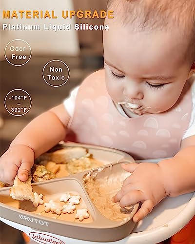 BRVTOT Newest Suction Plates for Baby & Toddler, 100% Food Grade Silicone Baby Plates with Spoon Set BPA Free, Feeding Divided Toddler Plate with Utensils for Led Weaning, Microwave & Dishwasher Safe