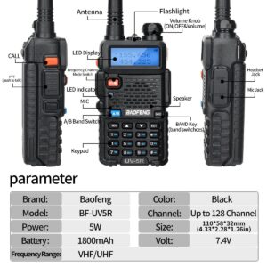 Baofeng UV-5R Ham Radio Handheld Dual Band Long Range Walkie Talkie for Adults Bafeng Portable Radio Two Way Radio Walkie Talkies with Full Set (Black 1Pack)