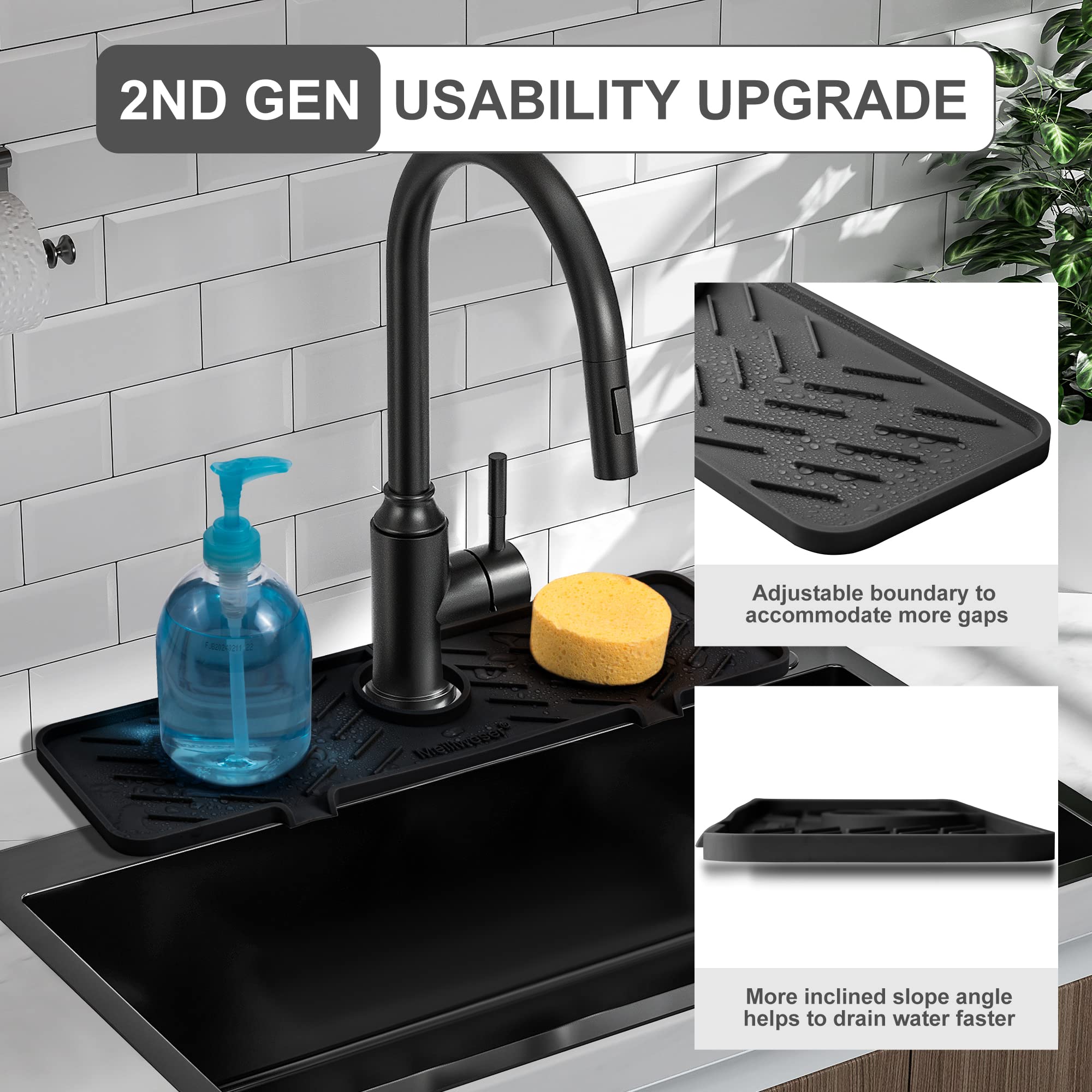 Meiliweser Silicone Faucet Splash Guard Gen 2 - Outlet & Slope Upgraded Faucet Water Catcher Mat - 18” x 5.1” - Sink Sponge Holder for Kitchen, Bathroom(Black)