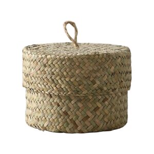 MagiDeal Seagrass Storage Basket with Lid Handmade Finishing Box Container Storage Box Candy Box