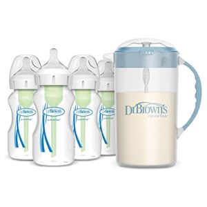 dr. brown's baby formula mixing pitcher 32oz, blue with anti-colic options+ wide-neck baby bottles, 4 pack, 9 oz