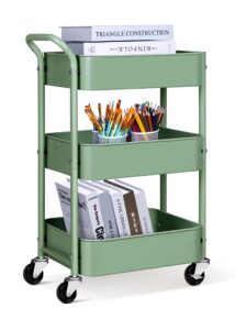 aooda 3 tier under desk rolling cart with handle and lockable wheels, 27'' height small metal book cart mobile art cart rolling storage organizer for office, kitchen, bathroom (aqua green)