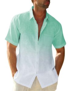 mens gradient linen shirts casual button down short sleeve beach hippie shirts mint green
