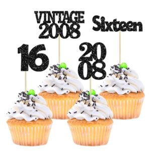 gyufise 24pcs 16th birthday cupcake toppers glitter sixteen vintage 2008 sweet 16 cupcake picks hello 16 years birthday cake decorations for happy 16th birthday anniversary party supplies black