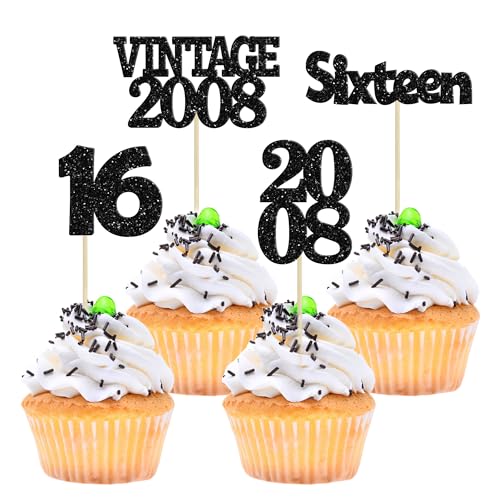 Gyufise 24Pcs 16th Birthday Cupcake Toppers Glitter Sixteen Vintage 2008 Sweet 16 Cupcake Picks Hello 16 Years Birthday Cake Decorations for Happy 16th Birthday Anniversary Party Supplies Black