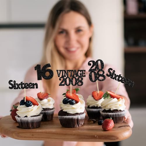 Gyufise 24Pcs 16th Birthday Cupcake Toppers Glitter Sixteen Vintage 2008 Sweet 16 Cupcake Picks Hello 16 Years Birthday Cake Decorations for Happy 16th Birthday Anniversary Party Supplies Black