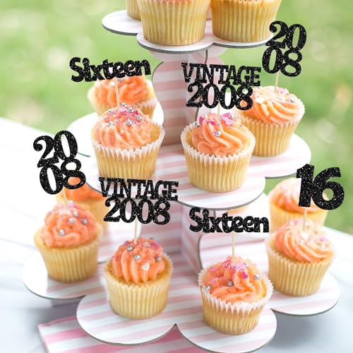 Gyufise 24Pcs 16th Birthday Cupcake Toppers Glitter Sixteen Vintage 2008 Sweet 16 Cupcake Picks Hello 16 Years Birthday Cake Decorations for Happy 16th Birthday Anniversary Party Supplies Black