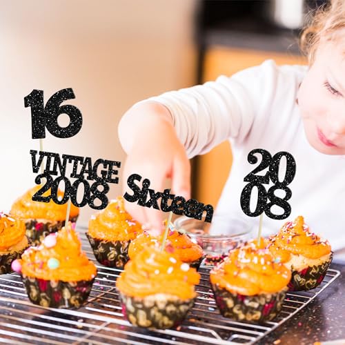 Gyufise 24Pcs 16th Birthday Cupcake Toppers Glitter Sixteen Vintage 2008 Sweet 16 Cupcake Picks Hello 16 Years Birthday Cake Decorations for Happy 16th Birthday Anniversary Party Supplies Black