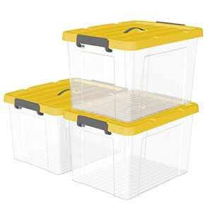 cetomo 65l*3 plastic storage box, tote box,transparent organizing container with durable yellow lid and secure latching buckles, stackable and nestable,3pack