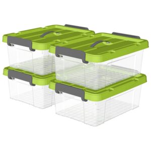 cetomo 20l*4 plastic storage box, tote box,transparent organizing container with durable green lid and secure latching buckles, stackable and nestable,4pack