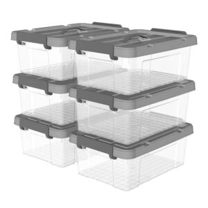 cetomo 20l*6 plastic storage box, tote box,transparent organizing container with durable gray lid and secure latching buckles, stackable and nestable,6pack