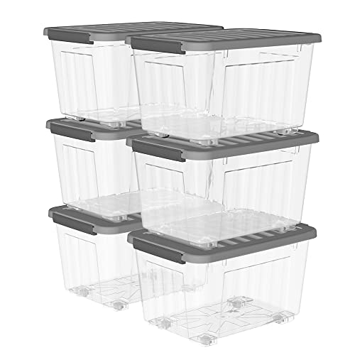 Cetomo 55L*6 Plastic Storage Box,Transparent, Tote box,Organizing Container with Durable gray Lid and Secure Latching Buckles, Stackable and Nestable, 6Pack, with Buckle