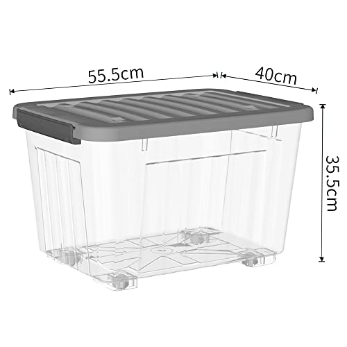 Cetomo 55L*6 Plastic Storage Box,Transparent, Tote box,Organizing Container with Durable gray Lid and Secure Latching Buckles, Stackable and Nestable, 6Pack, with Buckle