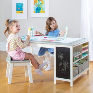 martha stewart kids' jr. art center with stools and bins - creamy white: storage bins, paper roller, and paint cups, toddlers work station - children's wooden learning furniture