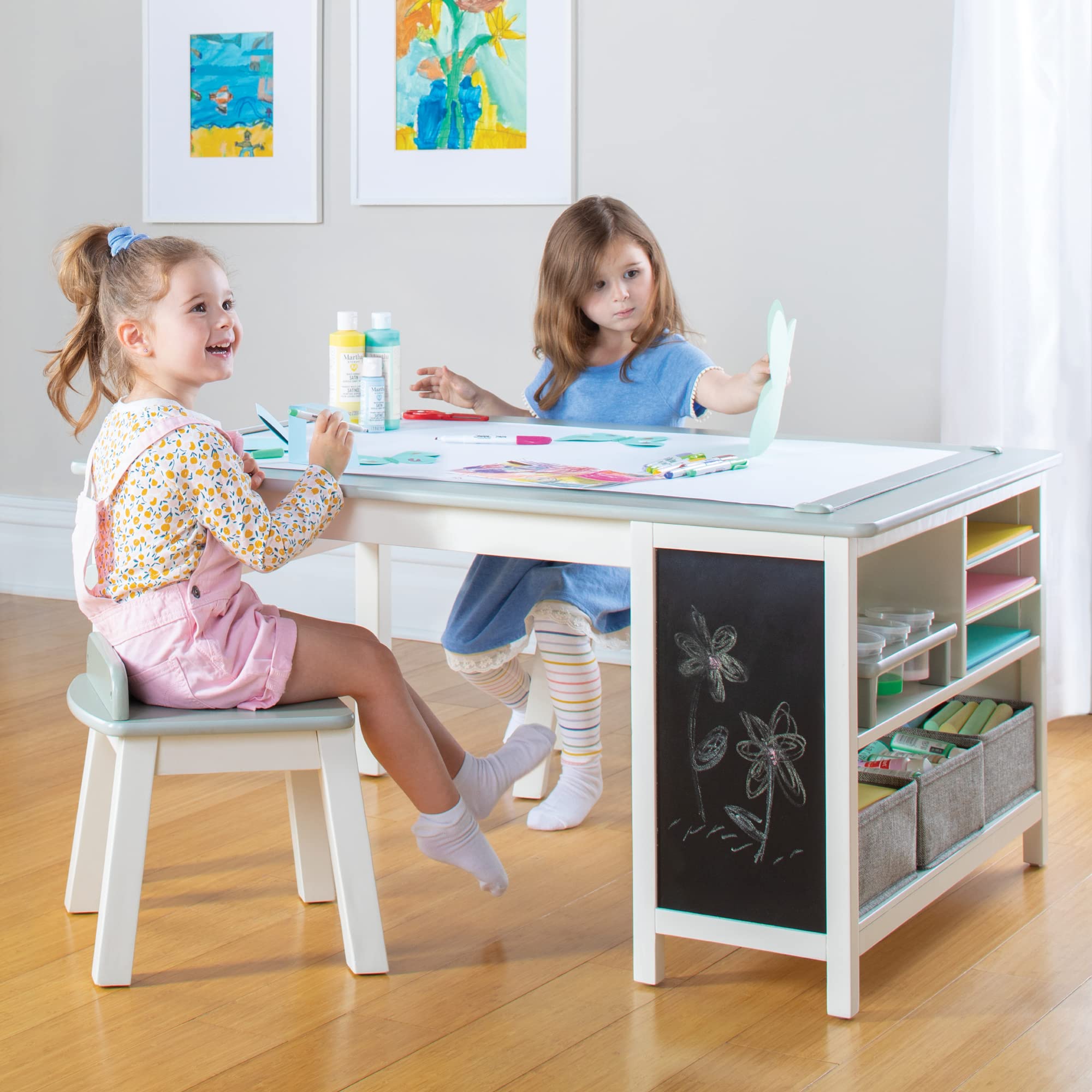 Martha Stewart Kids' Jr. Art Center with Stools and Bins - Creamy White: Storage Bins, Paper Roller, and Paint Cups, Toddlers Work Station - Children's Wooden Learning Furniture