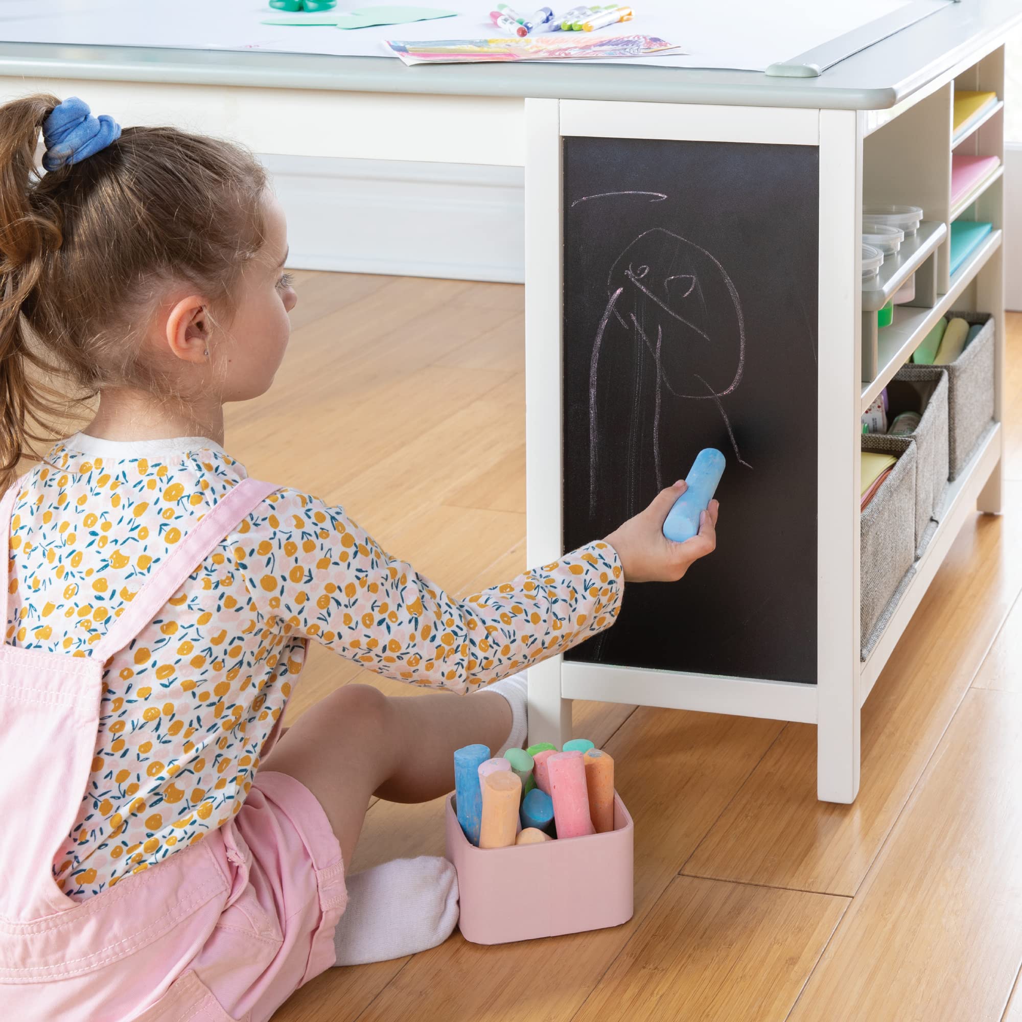 Martha Stewart Kids' Jr. Art Center with Stools and Bins - Creamy White: Storage Bins, Paper Roller, and Paint Cups, Toddlers Work Station - Children's Wooden Learning Furniture