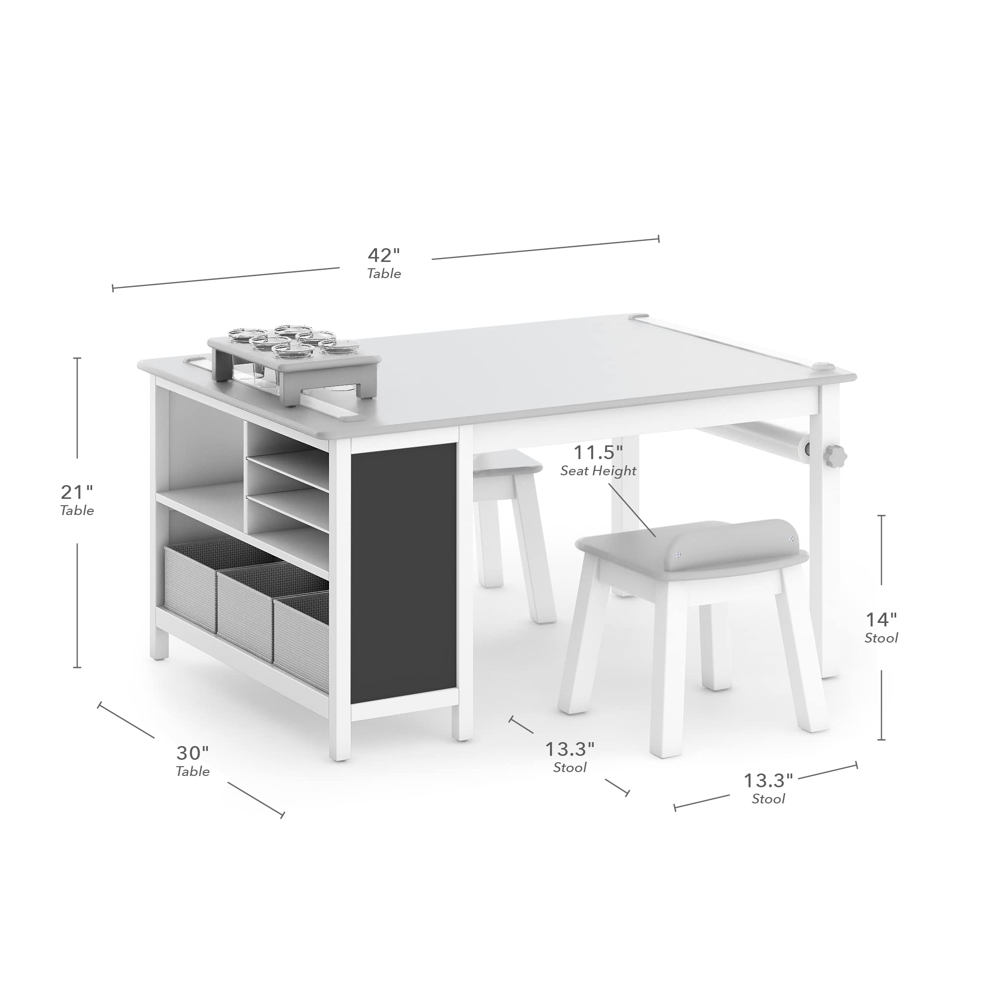 Martha Stewart Kids' Jr. Art Center with Stools and Bins - Creamy White: Storage Bins, Paper Roller, and Paint Cups, Toddlers Work Station - Children's Wooden Learning Furniture