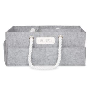 rae dunn baby diaper caddy organizer, baby things storage organizer for nursery, changing table and car, portable basket for baby items, baby shower gifts, grey felt with rope handles, large