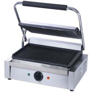 fse sg-811e single electric sandwich panini grill with cast iron grooved plates, oil tray, 120v