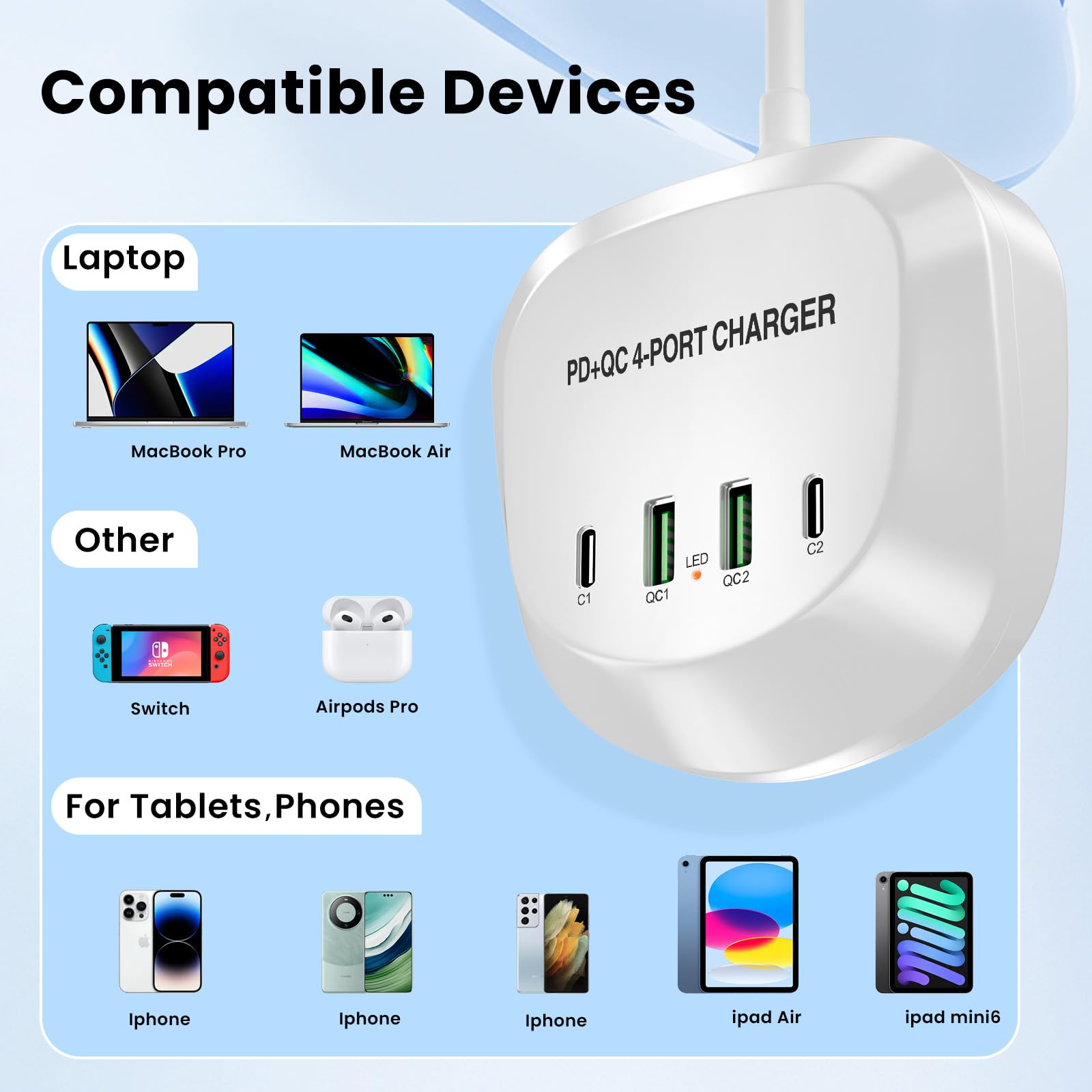 Charging Station for Multiple Devices, USB C Charging Block, USB C Multiport Charger with Quick Charge 3.0, Multiple Devices for Smart Phone Tablet Laptop Computer USB Charging Station