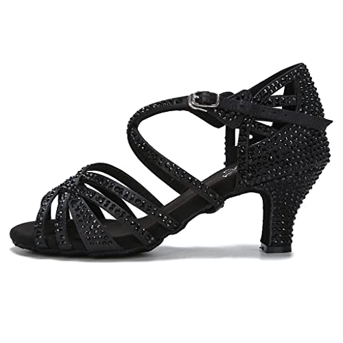 HXYOO Indoor Dance Shoes for Womens/Crystal Ballroom Salsa Latin Open Toe Dancing Shoes for Social Beginner Party Wedding Performance(Black,8.5)