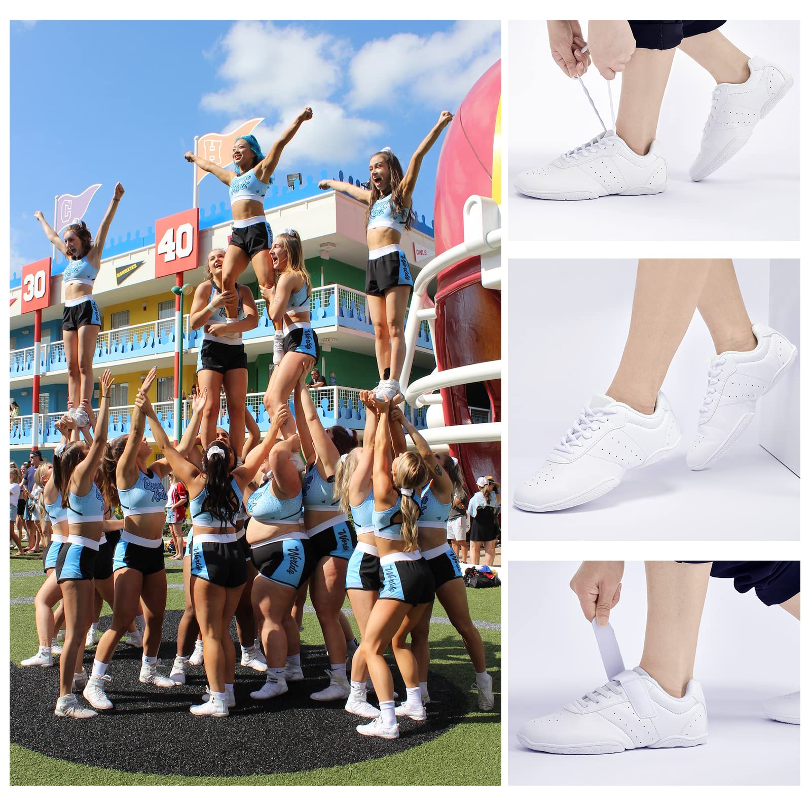 Akk Women Cheer Shoes Youth Girls - White Teen Cheerleading Sneakers Non Slip Durable Hook and Loop Comfortable Breathable Sports Athletic Team Dance Cheer Shoes Size 6.5