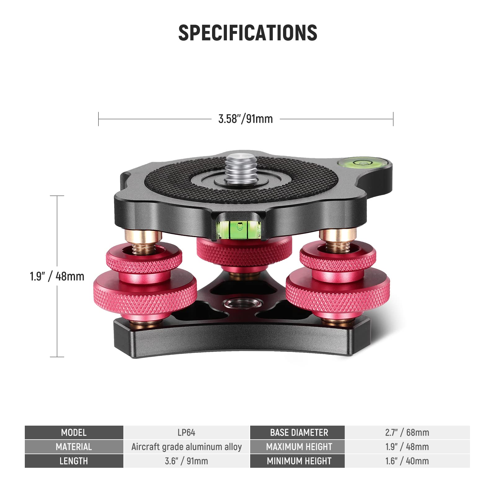 NEEWER Tripod Head Leveling Base Camera Leveler, Aircraft Grade Aluminum Alloy 3 Axis Tri Wheel Head, 3/8” Thread, -5° Precise Angle Adjustment for Macro Panoramic Photography, LP64