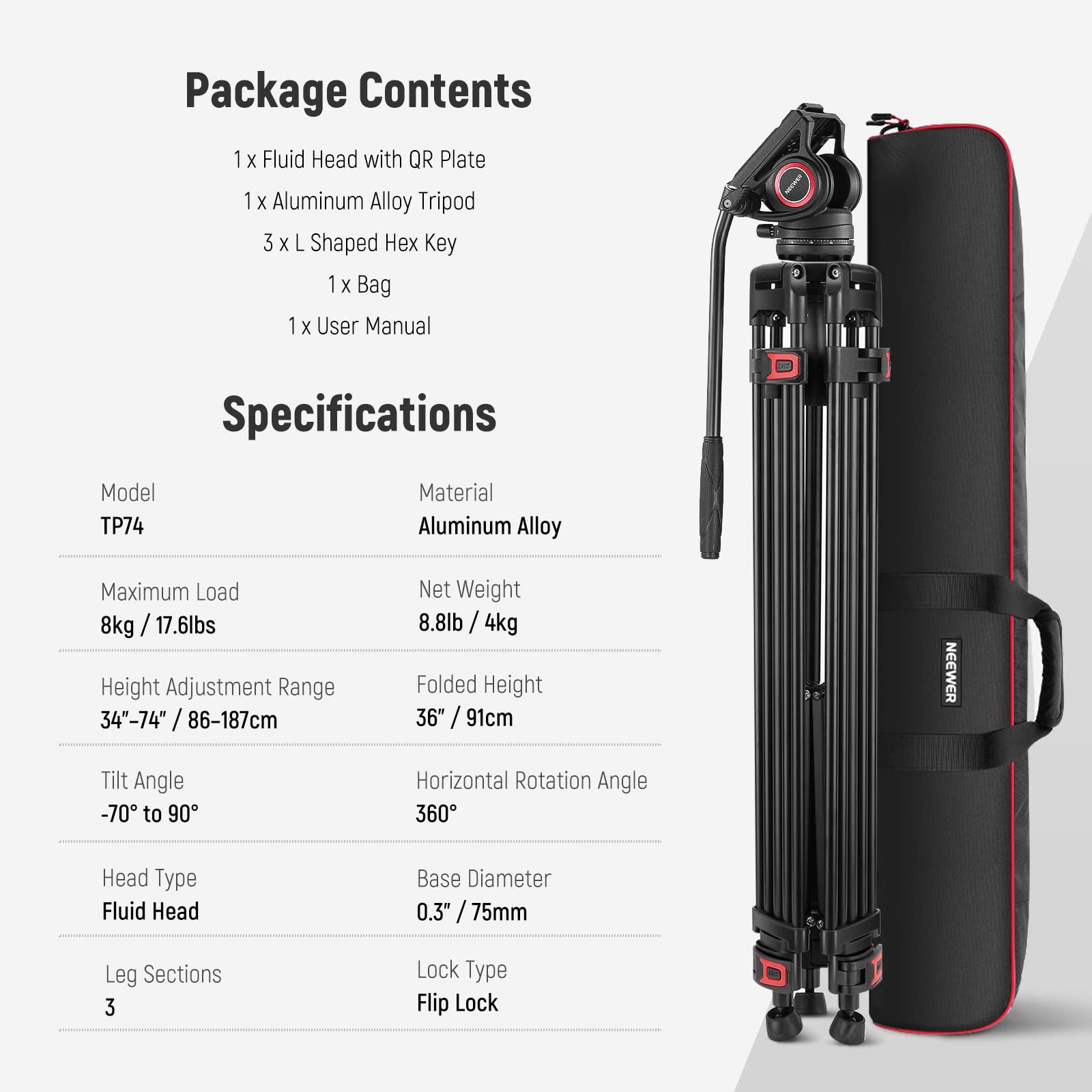 NEEWER 74 Inch Pro Video Tripod with Fluid Head, QR Plate Compatible with DJI RS Gimbals Manfrotto, Durable Camera Tripod with Telescopic Handle Scaled Base for DSLR, Max. Load 17.6 lb/8 kg, TP74