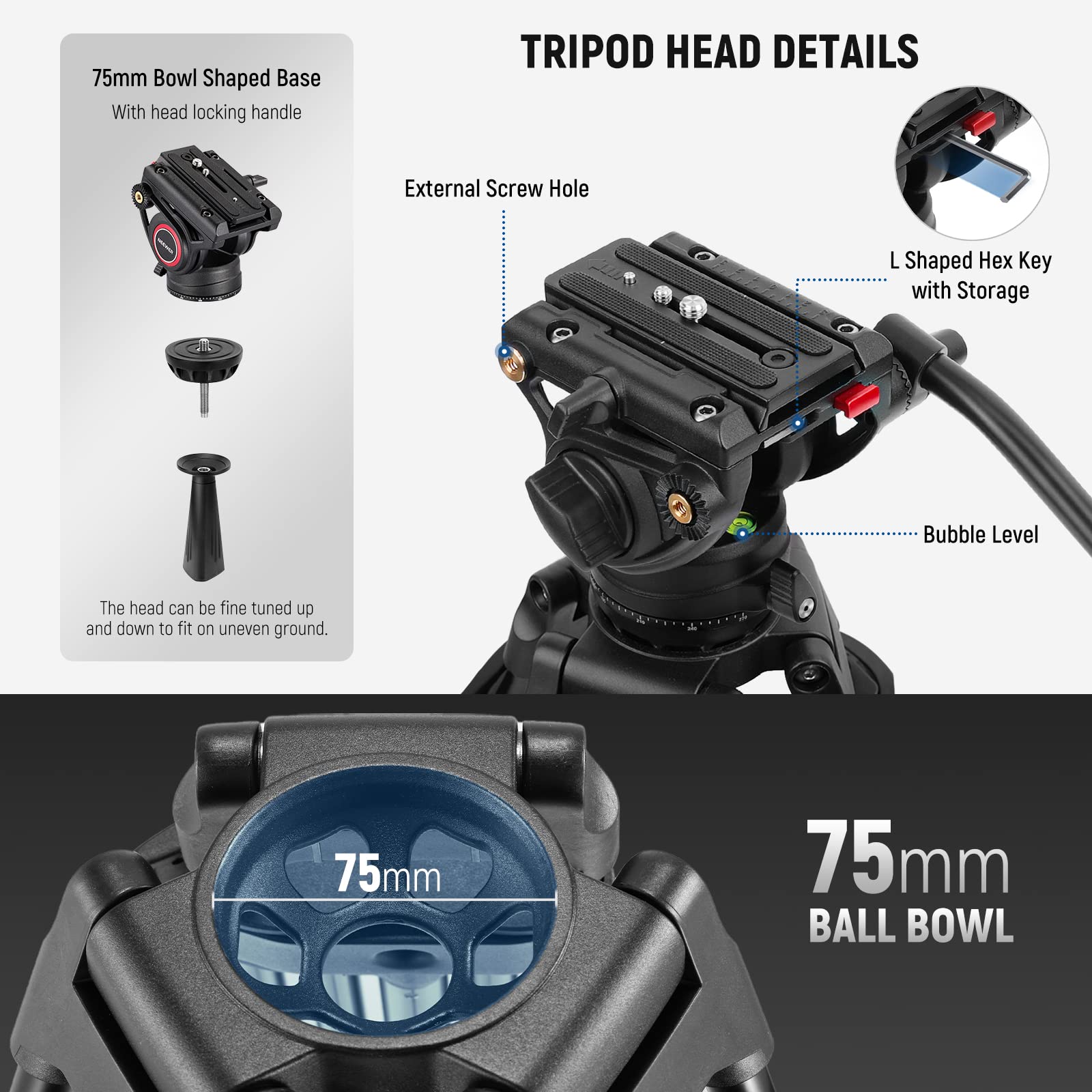 NEEWER 74 Inch Pro Video Tripod with Fluid Head, QR Plate Compatible with DJI RS Gimbals Manfrotto, Durable Camera Tripod with Telescopic Handle Scaled Base for DSLR, Max. Load 17.6 lb/8 kg, TP74