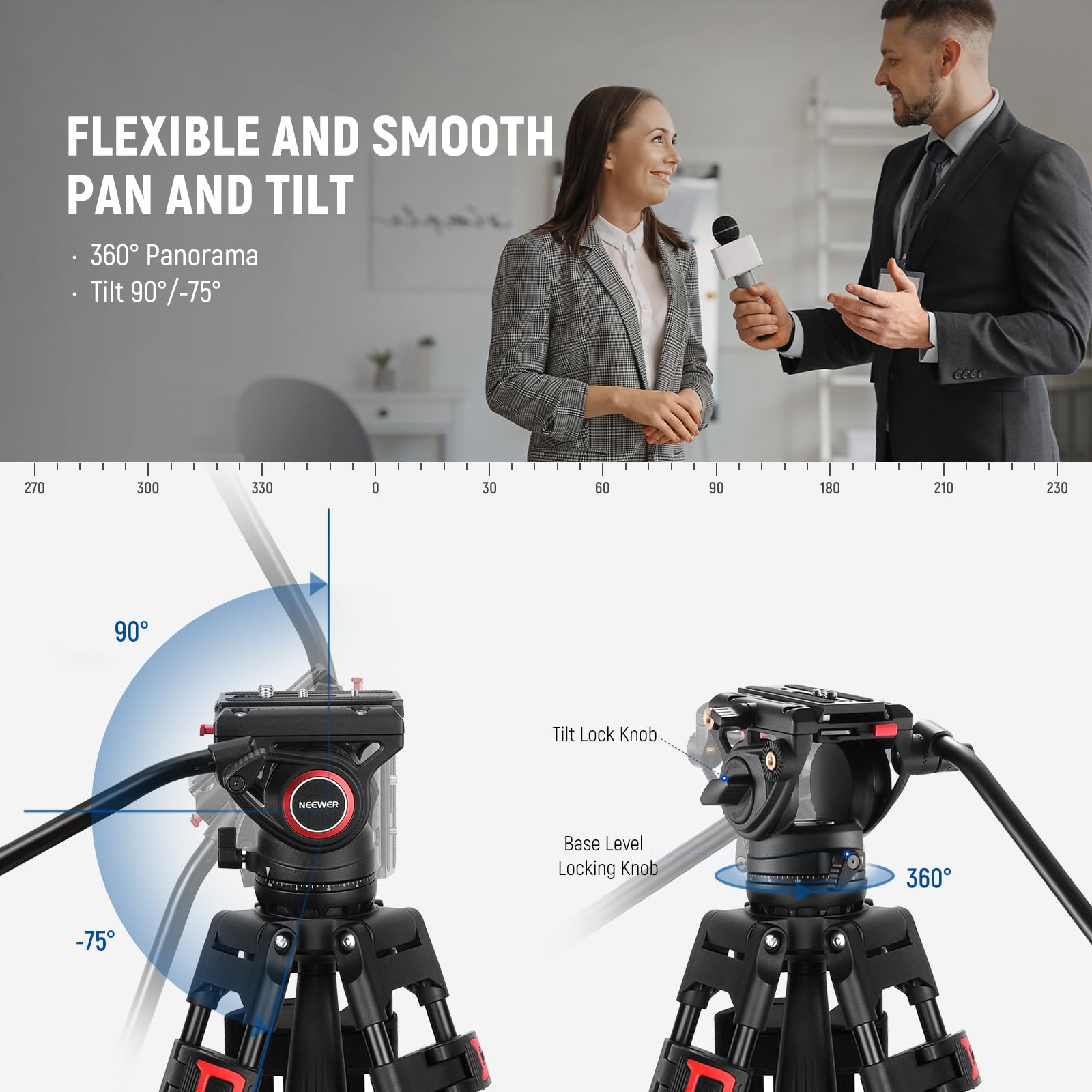 NEEWER 74 Inch Pro Video Tripod with Fluid Head, QR Plate Compatible with DJI RS Gimbals Manfrotto, Durable Camera Tripod with Telescopic Handle Scaled Base for DSLR, Max. Load 17.6 lb/8 kg, TP74