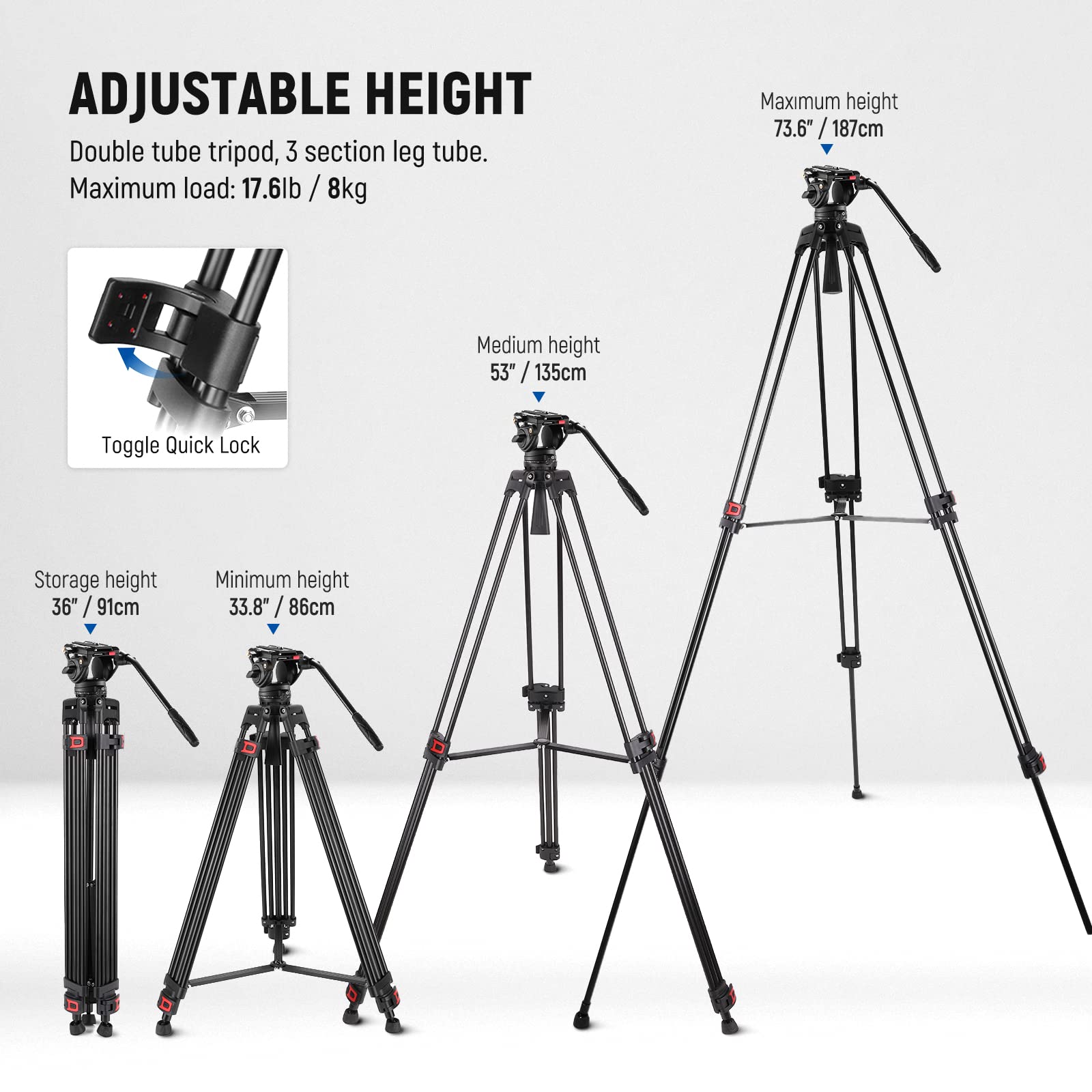 NEEWER 74 Inch Pro Video Tripod with Fluid Head, QR Plate Compatible with DJI RS Gimbals Manfrotto, Durable Camera Tripod with Telescopic Handle Scaled Base for DSLR, Max. Load 17.6 lb/8 kg, TP74