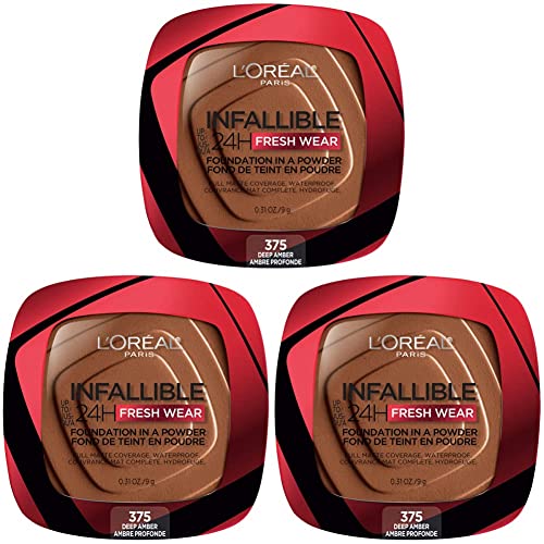 L'Oreal Paris Infallible 24 Hour Fresh Wear Waterproof Powder Foundation, 375 Deep Amber (Pack of 3)