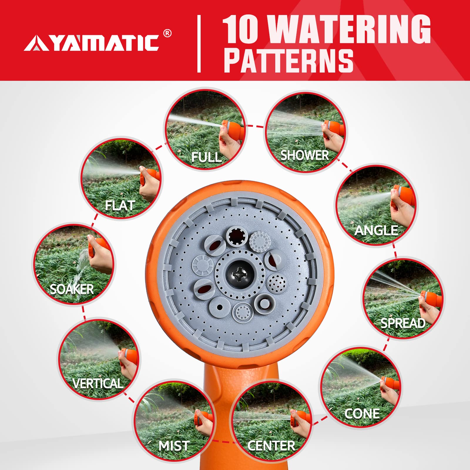YAMATIC Garden Hose Nozzle, 10 Spray Patterns, Thumb Control On Off Valve for Watering Garden, Washing Cars, and Showering Pets - ABS Comfortable Anti-slip Grip