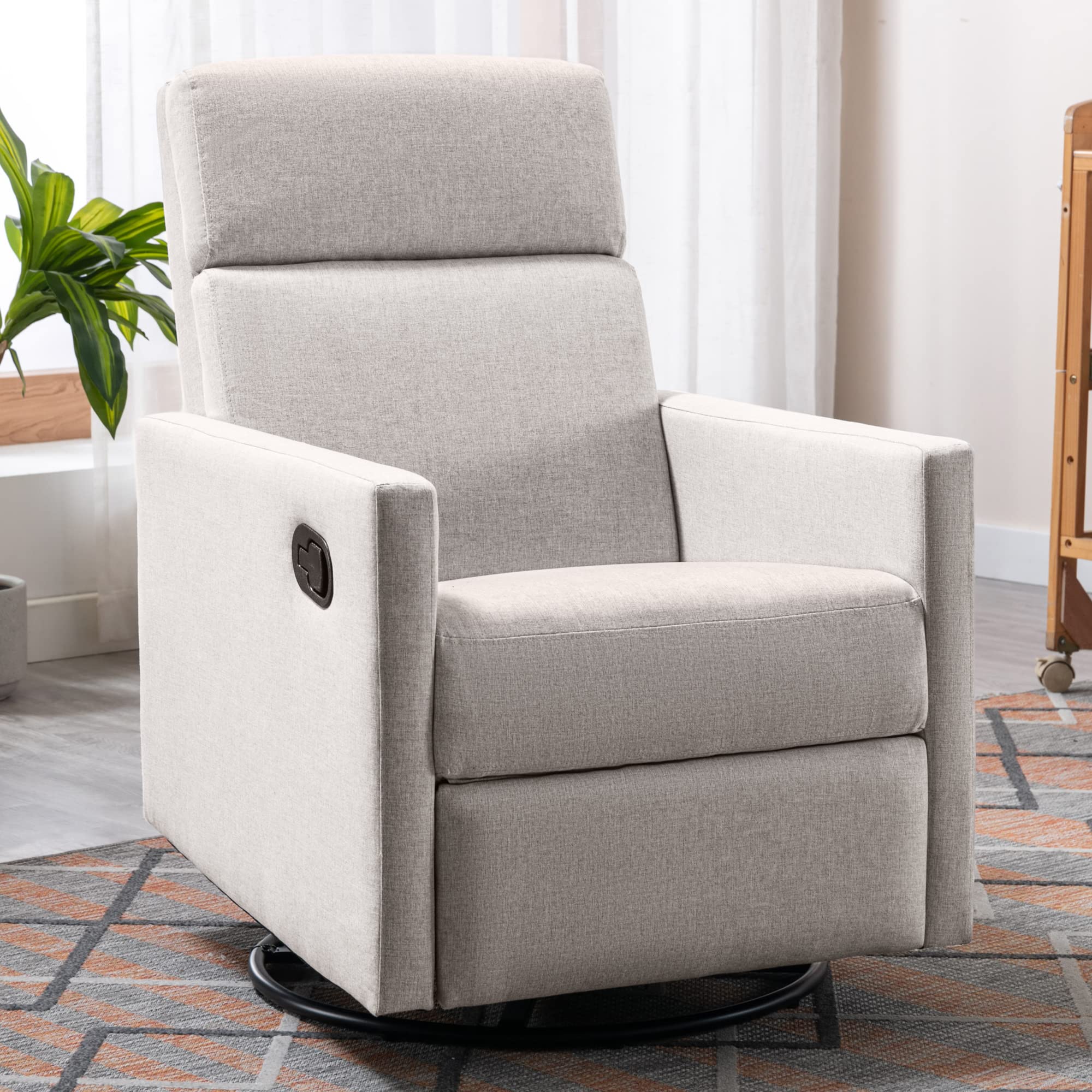 Merax Tan Modern Soft Linen Swivel Push Back Rocker Recliner w/Headsupport Adjustable Nursery Glider Chair for Living Room, Bedroom, Set of 1