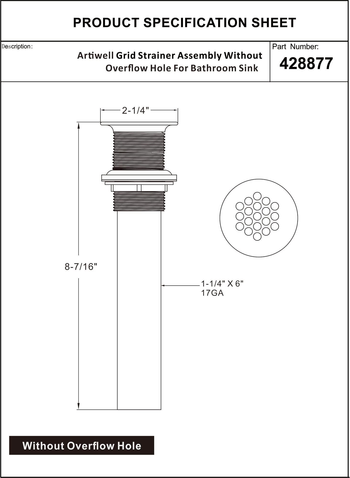 Grid Drain Strainer Assembly Without Overflow for Bathroom Sink, C.O. Plug Grid Lavatory Drain, Bathroom Sink Grid Strainer by Artiwell, Matte Black