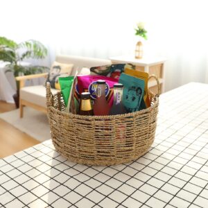 HODAKJUE Round Storage Basket Made by Seagrass with Handles (13.58"Dx6.1"H)