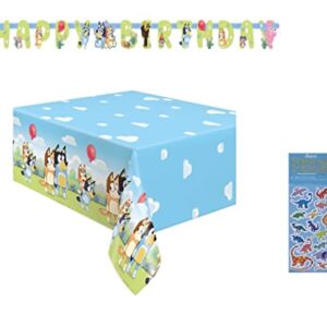 Bluey Birthday Party Supplies Bundle includes Table Cover and Happy Birthday Banner and 1 Dinosaur Sticker Sheet (2 Pack Bundle)