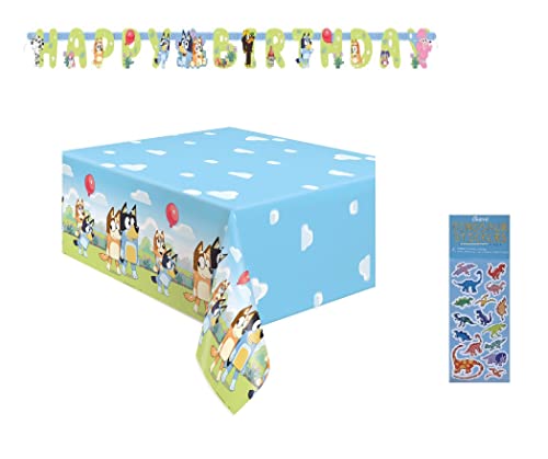 Bluey Birthday Party Supplies Bundle includes Table Cover and Happy Birthday Banner and 1 Dinosaur Sticker Sheet (2 Pack Bundle)