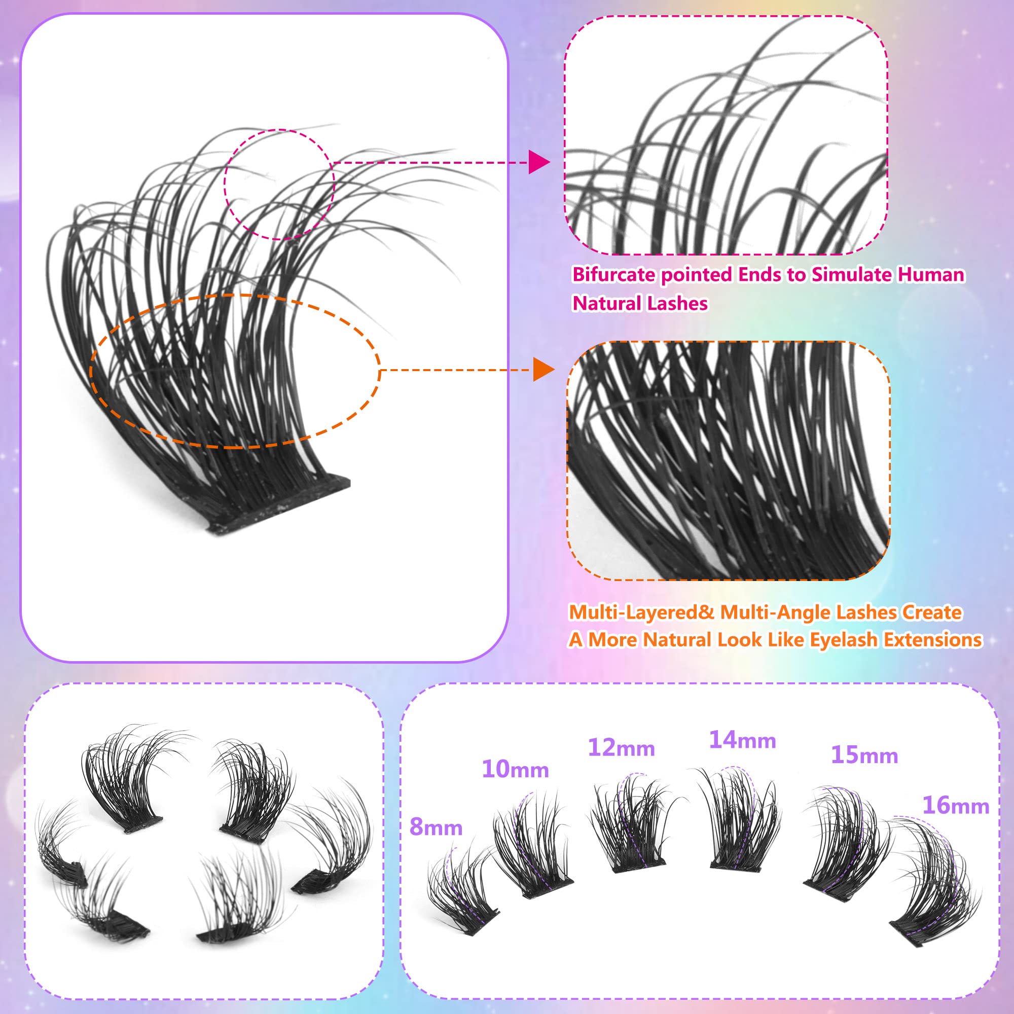 JIMIRE Cluster Lashes DIY Individuals Cat Eye Wispy False Eyelashes Soft D Curly Russian Strip Lashes Look Like Eyelash Extensions 15MM Volume 6D Fluffy Lashes 7 Pairs Pack