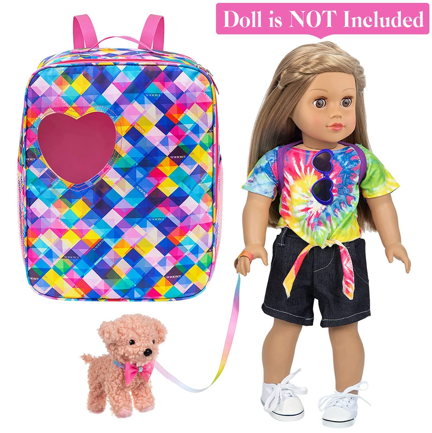 Ecore Fun 5 Items 18 inch Dolls Bag Set and Accessories Including 18 Inch Doll Clothes, Shoes, Sunglasses, Doll Backpack and Toy Dog