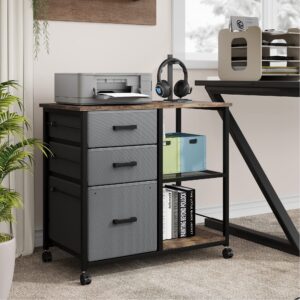 idealhouse lateral file cabinet with 3 drawer, mobile filing cabinet rolling printer stand fits a4 or letter size, lateral filing cabinet with wheels, under desk storage cabinet for home office, grey