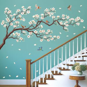 decowall sg4-2213 oriental flower tree wall stickers decals white cherry blossom peel and stick bedroom living room flower murals décor floral bird furniture art removable nursery baby birch