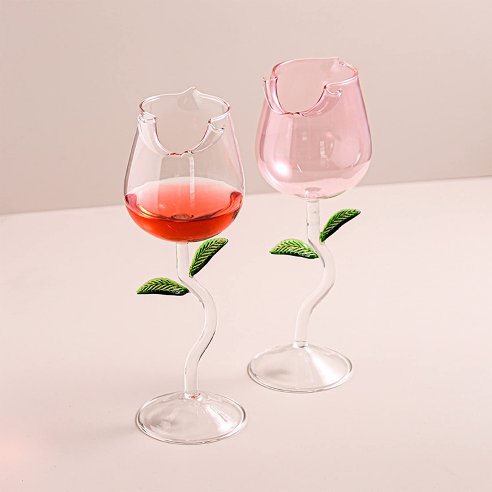 LIBOOI Glass Wine Glasses, Rose Flower Shaped Goblet Wine Cocktail Martini Glass, Transparent Red Wine Glass, for Party Candlelight Dinner Wedding Bar (Pink, 280ml)